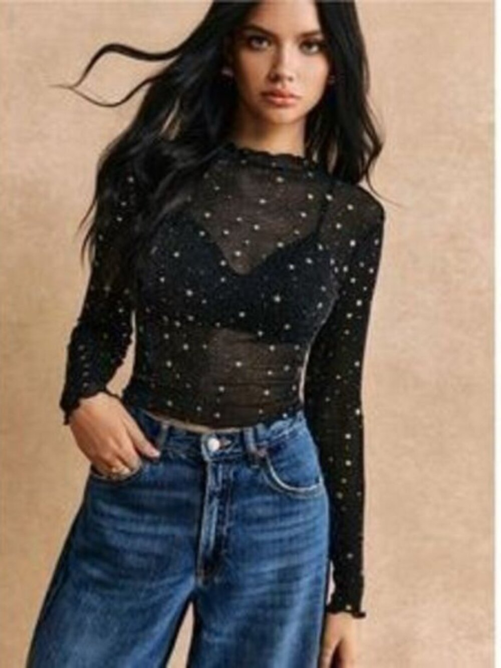 Mesh Black Sheer Long Sleeve Top Gold Stars Lettuce Trim